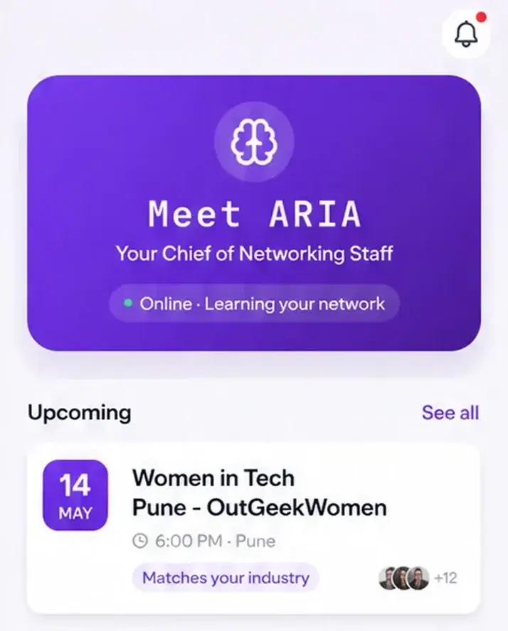 ARIA briefing screen listing upcoming events, today's briefing and network insights