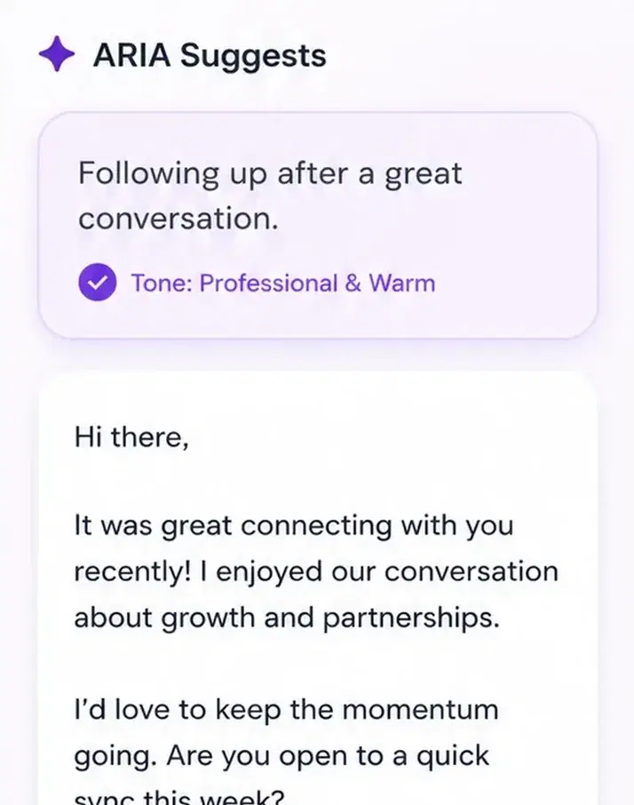 Follow-up message drafted by ARIA, with options to refine, copy or send