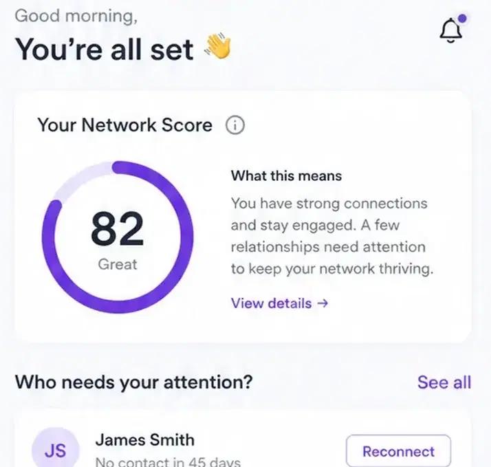 ConnectVault home screen showing a network score of 82 and three contacts flagged for follow-up