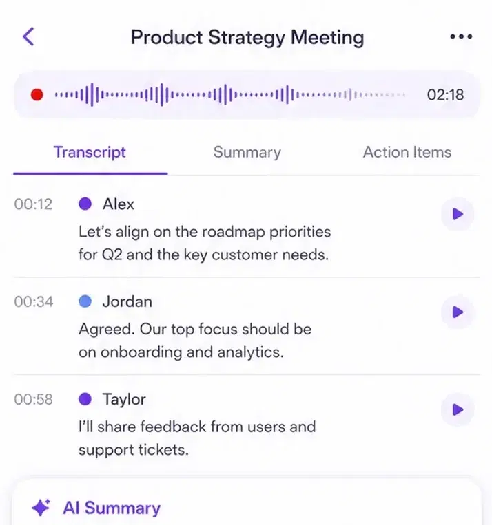 Meeting recording in progress with a live transcript, summary and extracted action items