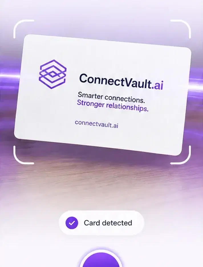 Business card being scanned in the ConnectVault app, with the card detected and ready to save